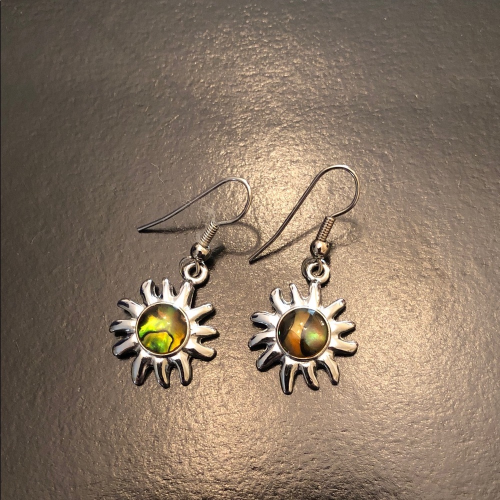 Sunburst Abalone Drop Earrings - Green Iridescent